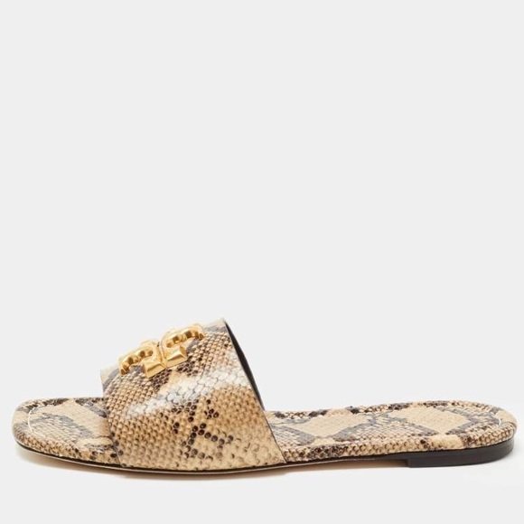 Tory Burch Two Tone Python Leather Eleanor Flat Slides - Picture 7 of 9